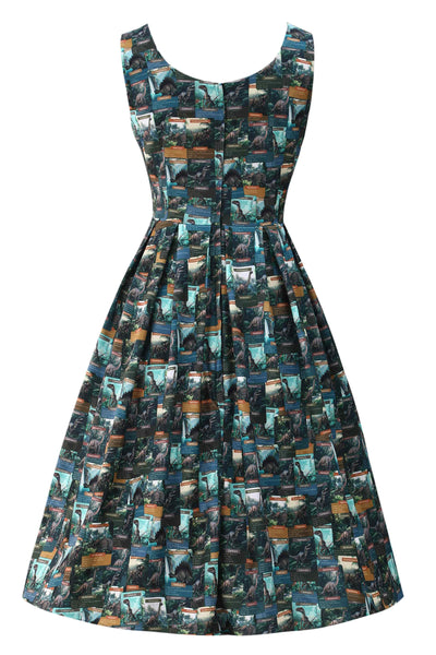 Back view of Green Dinosaur Flash Card Swing Dress