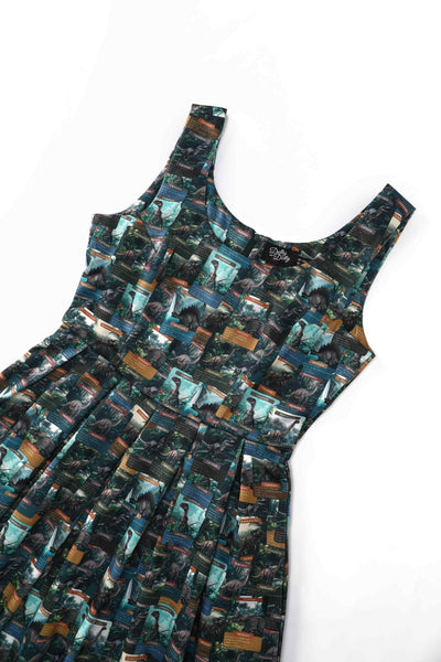 Close up view of Green Dinosaur Flash Card Swing Dress