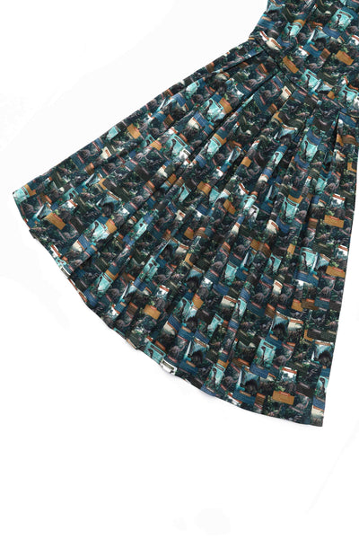 Close up view of Green Dinosaur Flash Card Swing Dress
