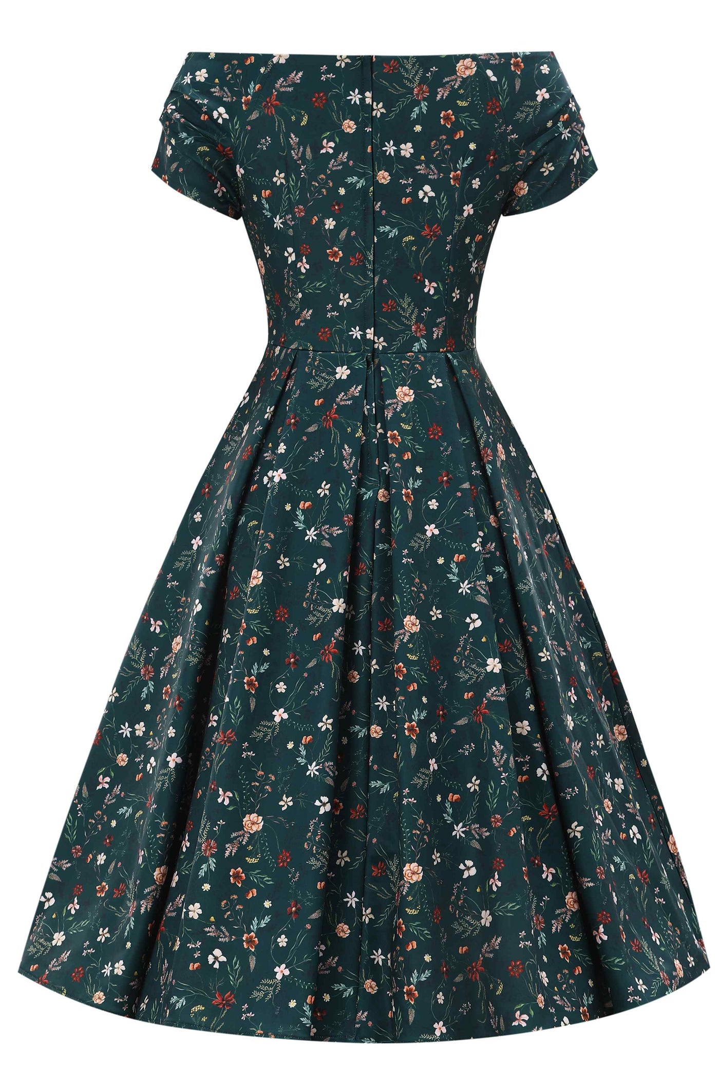Back view of Green Ditsy Floral Off Shoulder Flared Dress