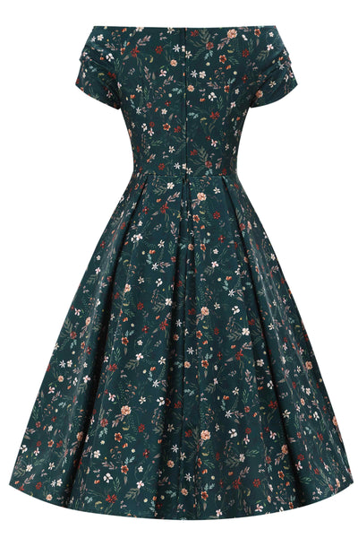 Back view of Green Ditsy Floral Off Shoulder Flared Dress
