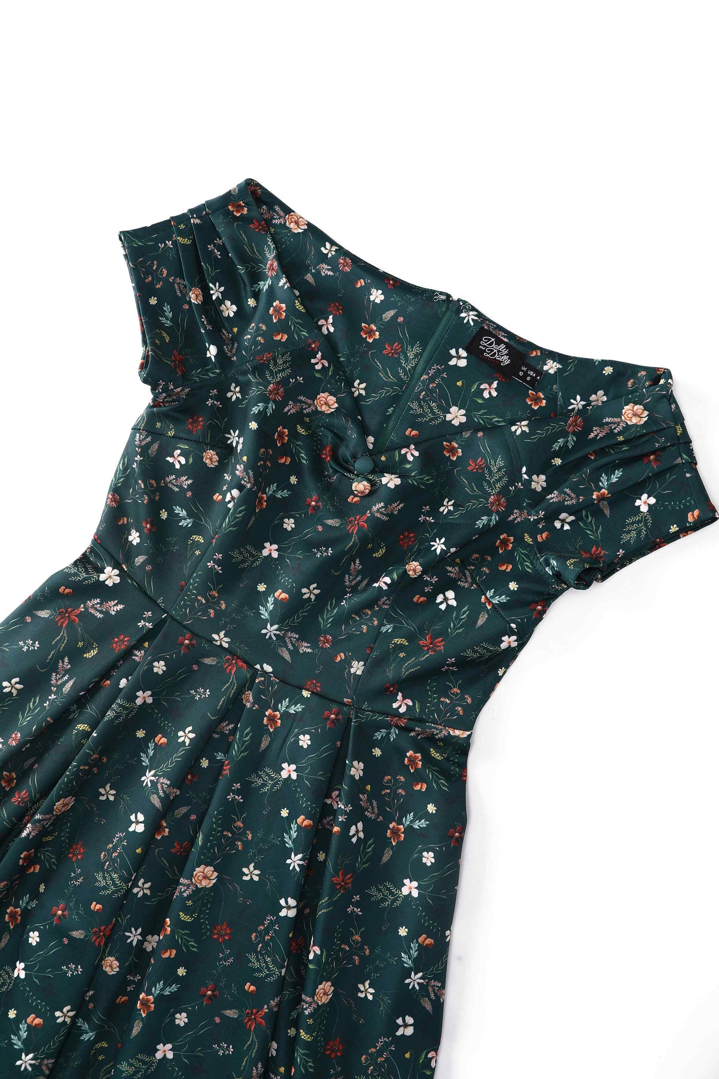 Close up view of Green Ditsy Floral Off Shoulder Flared Dress