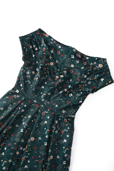 Close up view of Green Ditsy Floral Off Shoulder Flared Dress