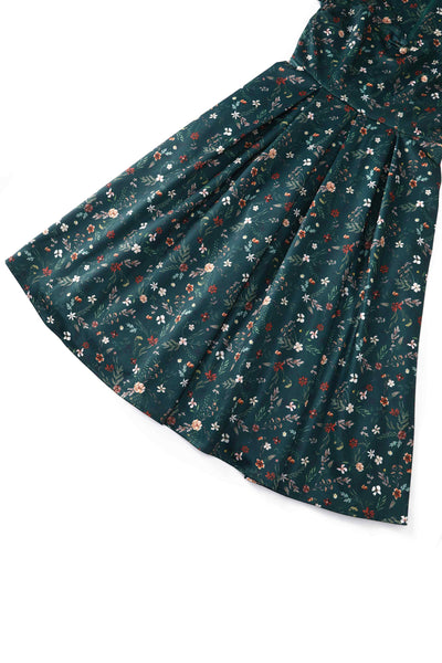Close up view of Green Ditsy Floral Off Shoulder Flared Dress