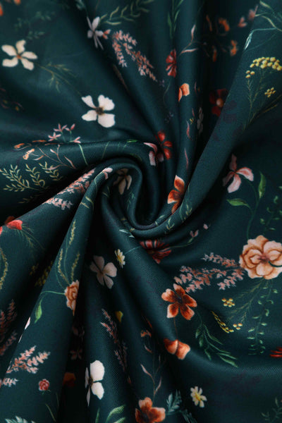 Close up view of Green Ditsy Floral Off Shoulder Flared Dress