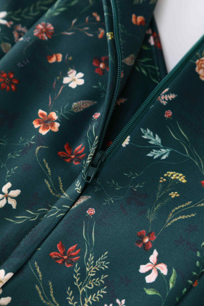 Close up view of Green Ditsy Floral Off Shoulder Flared Dress
