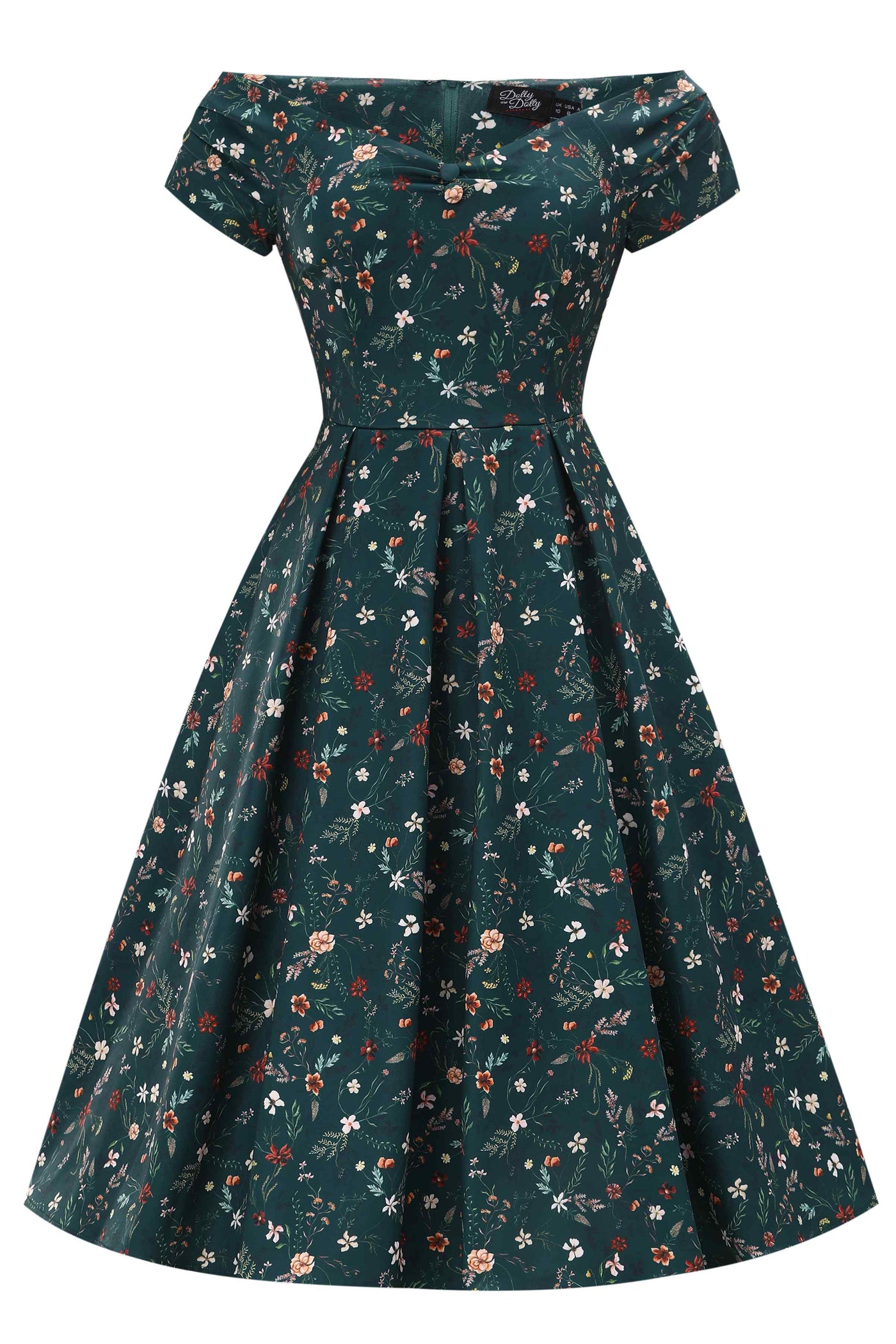 Front view of Green Ditsy Floral Off Shoulder Flared Dress