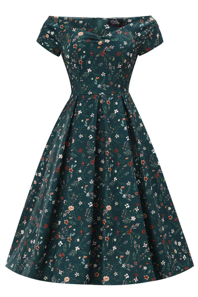 Front view of Green Ditsy Floral Off Shoulder Flared Dress