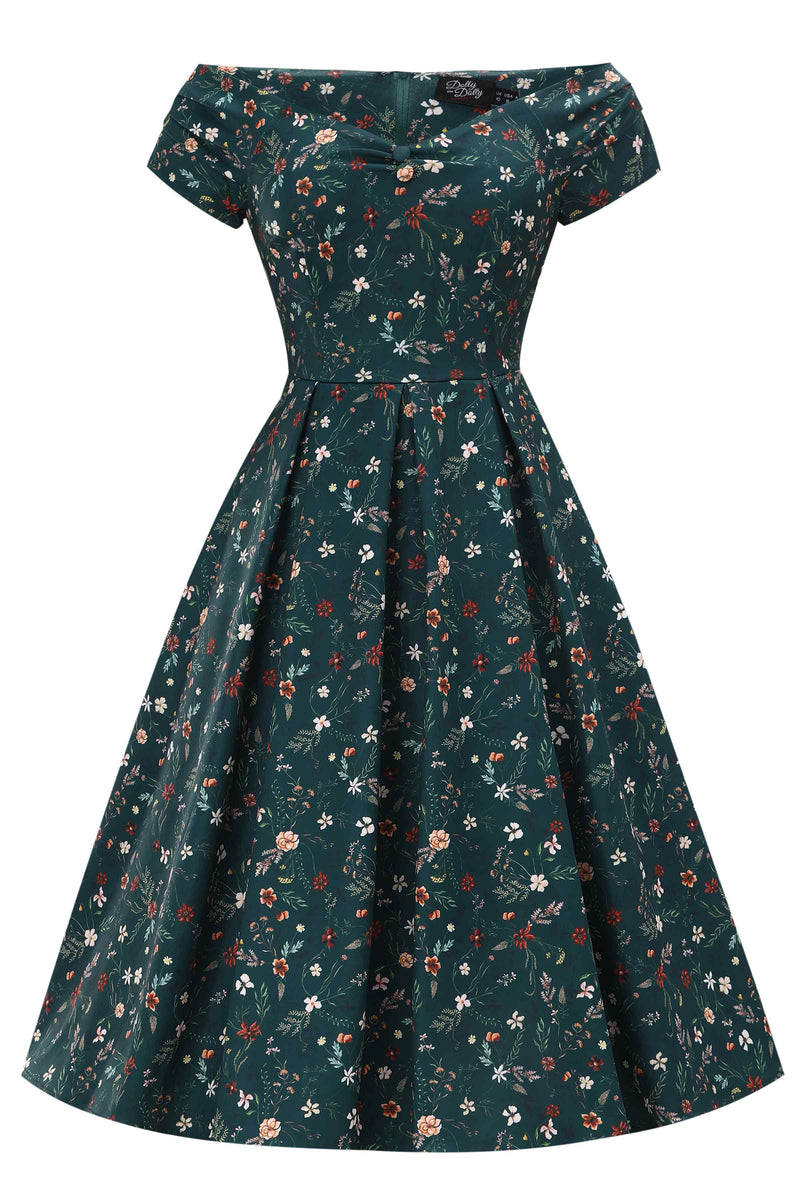Front view of Green Ditsy Floral Off Shoulder Flared Dress