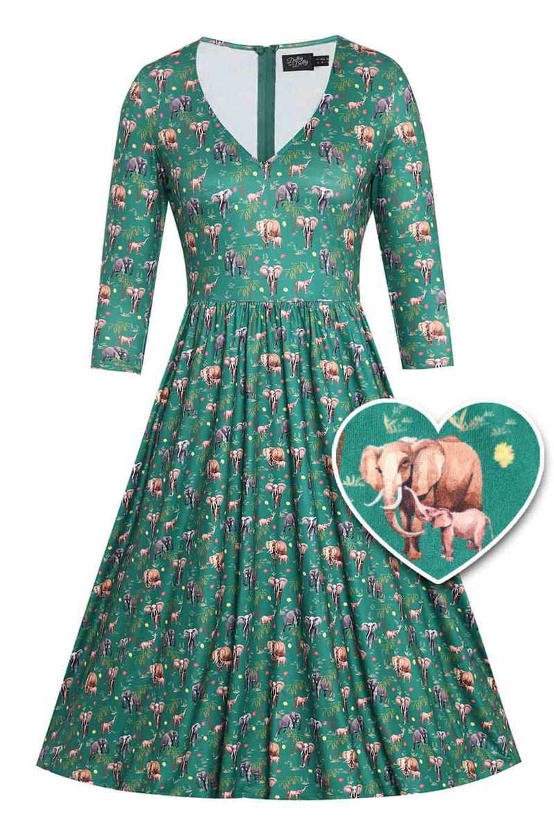 Front view of Green Elephant Flared Dress