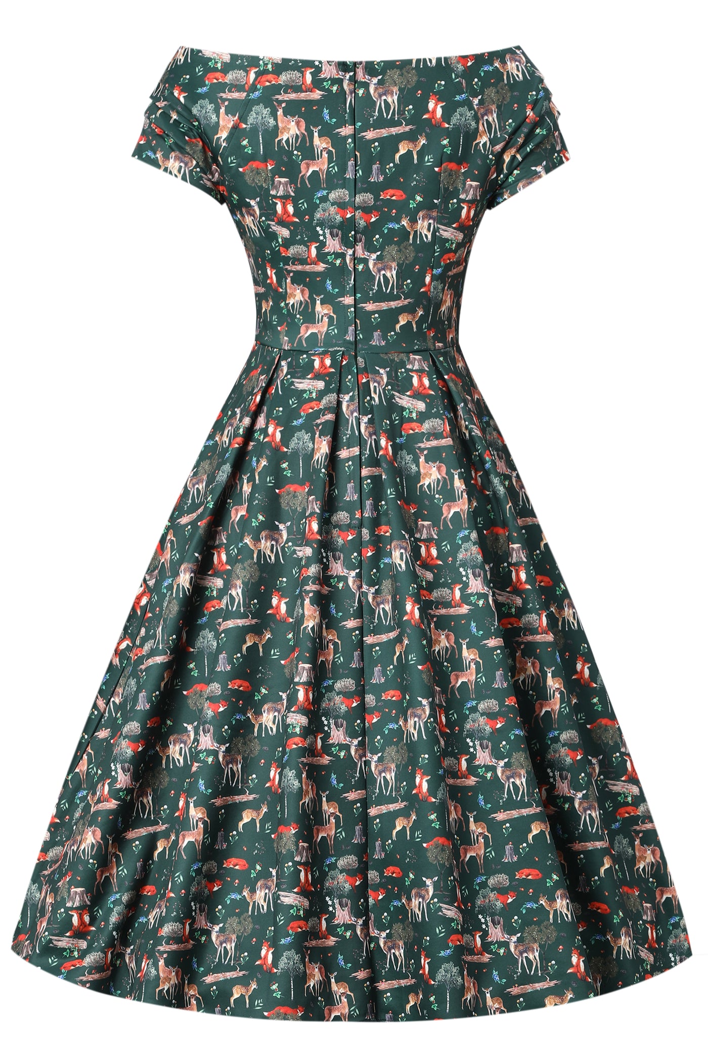 Back view of Green Fox & Deer Print Off Shoulder Dress