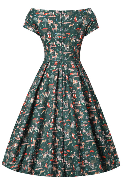Back view of Green Fox & Deer Print Off Shoulder Dress