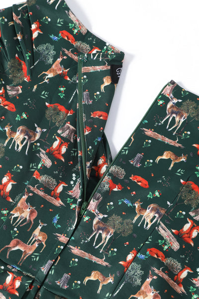 Close up view of Green Fox & Deer Print Off Shoulder Dress