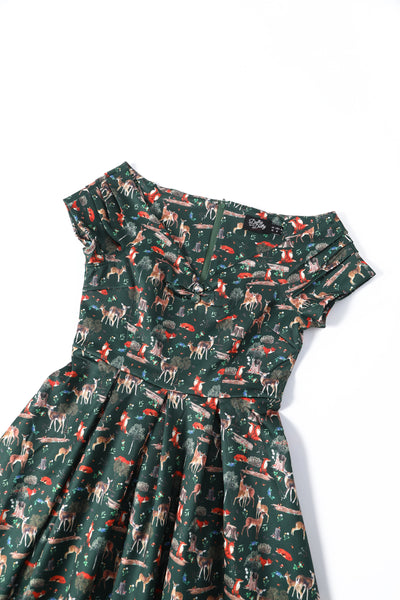 Close up view of Green Fox & Deer Print Off Shoulder Dress