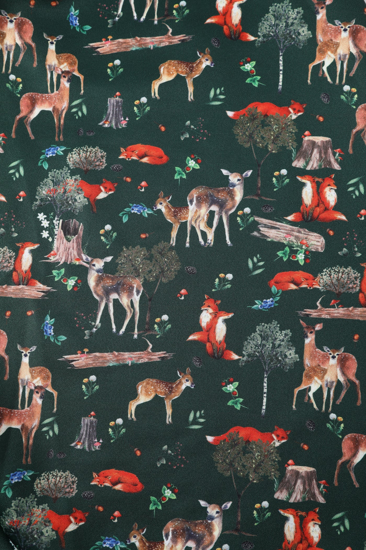Close up view of Green Fox & Deer Print Off Shoulder Dress