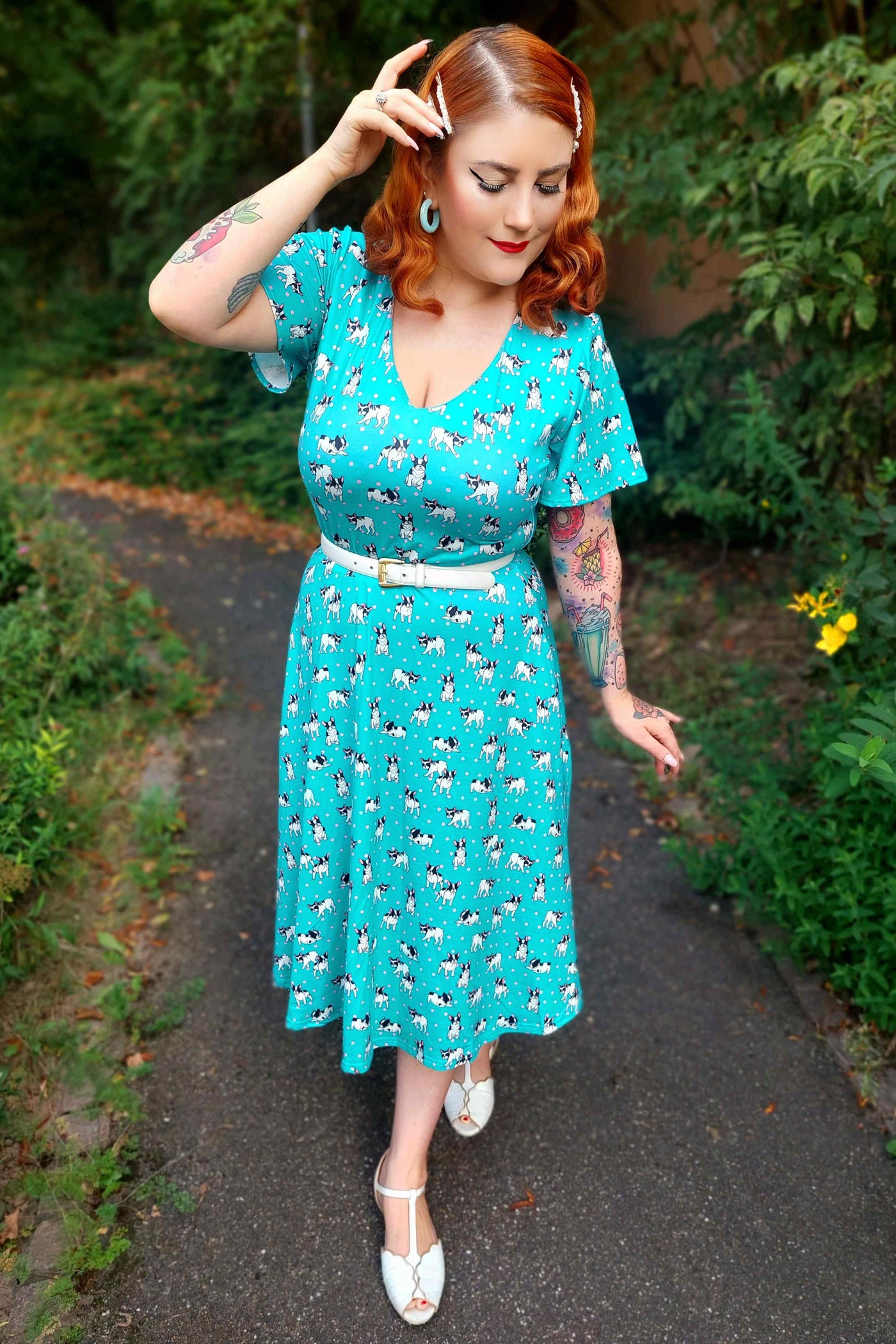 Model photo of Front view of Green Frenchie Short Sleeved Dress