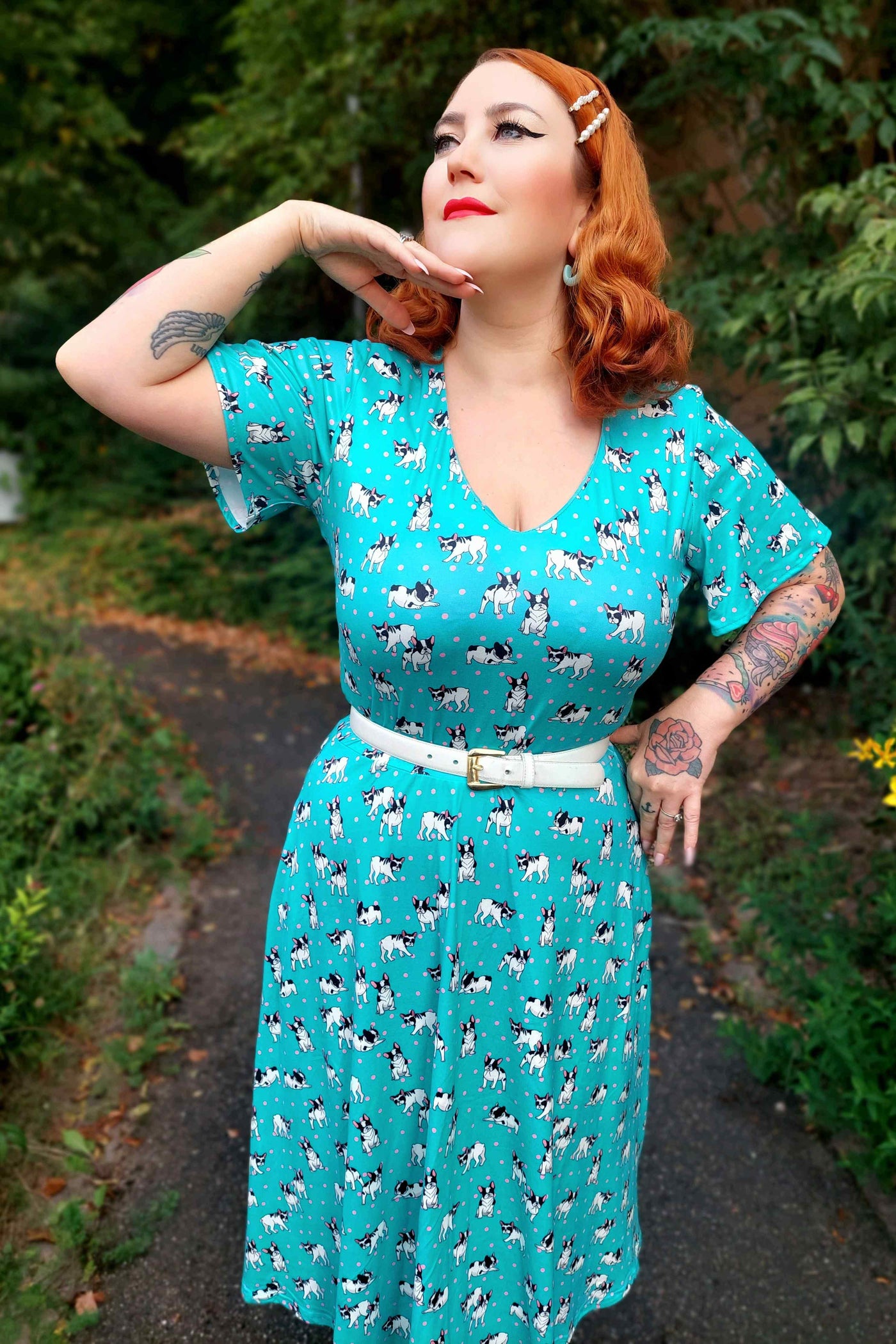 Close up view of Green Frenchie Short Sleeved Dress
