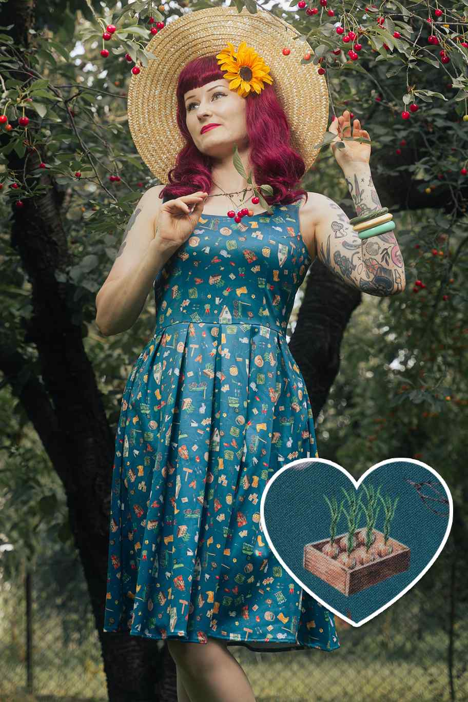 A women wearing a Green Gardening Print Swing Dress
