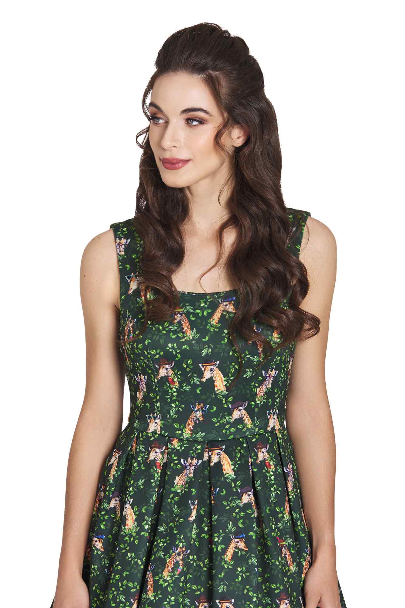 Model wearing Green Giraffe Swing Dress