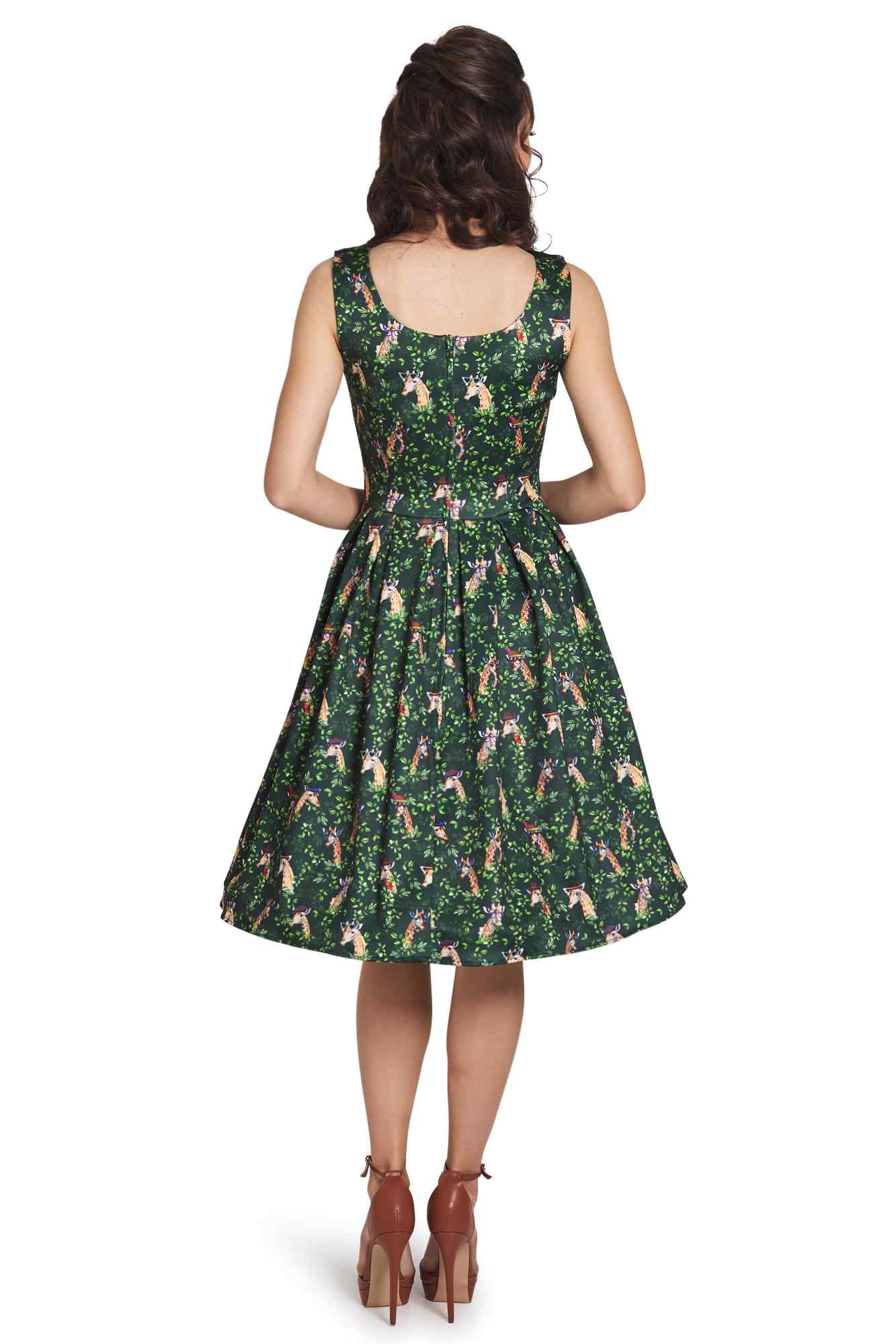 Model wearing Green Giraffe Swing Dress