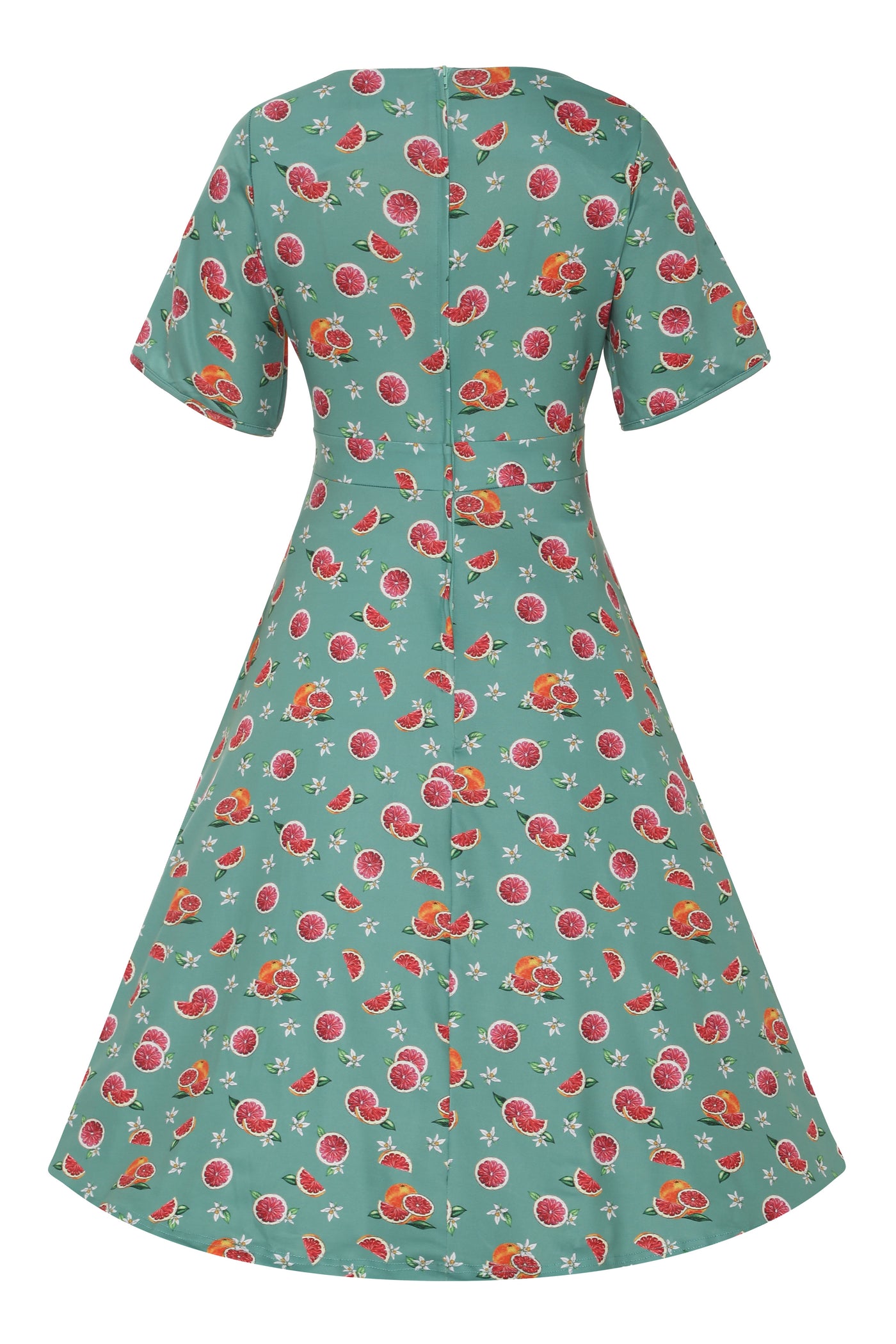 Back view of Green Grapefruit Petal Sleeved Tea Dress