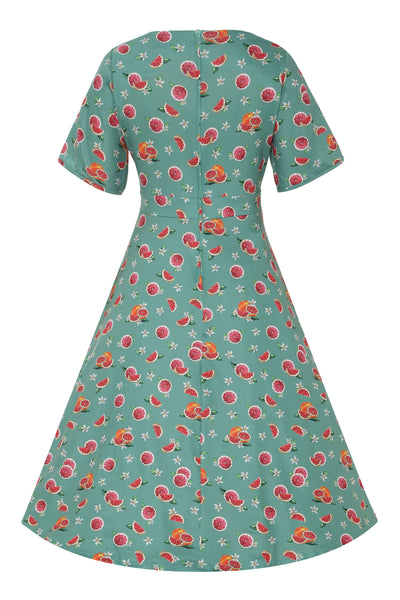 Back view of Green Grapefruit Petal Sleeved Tea Dress