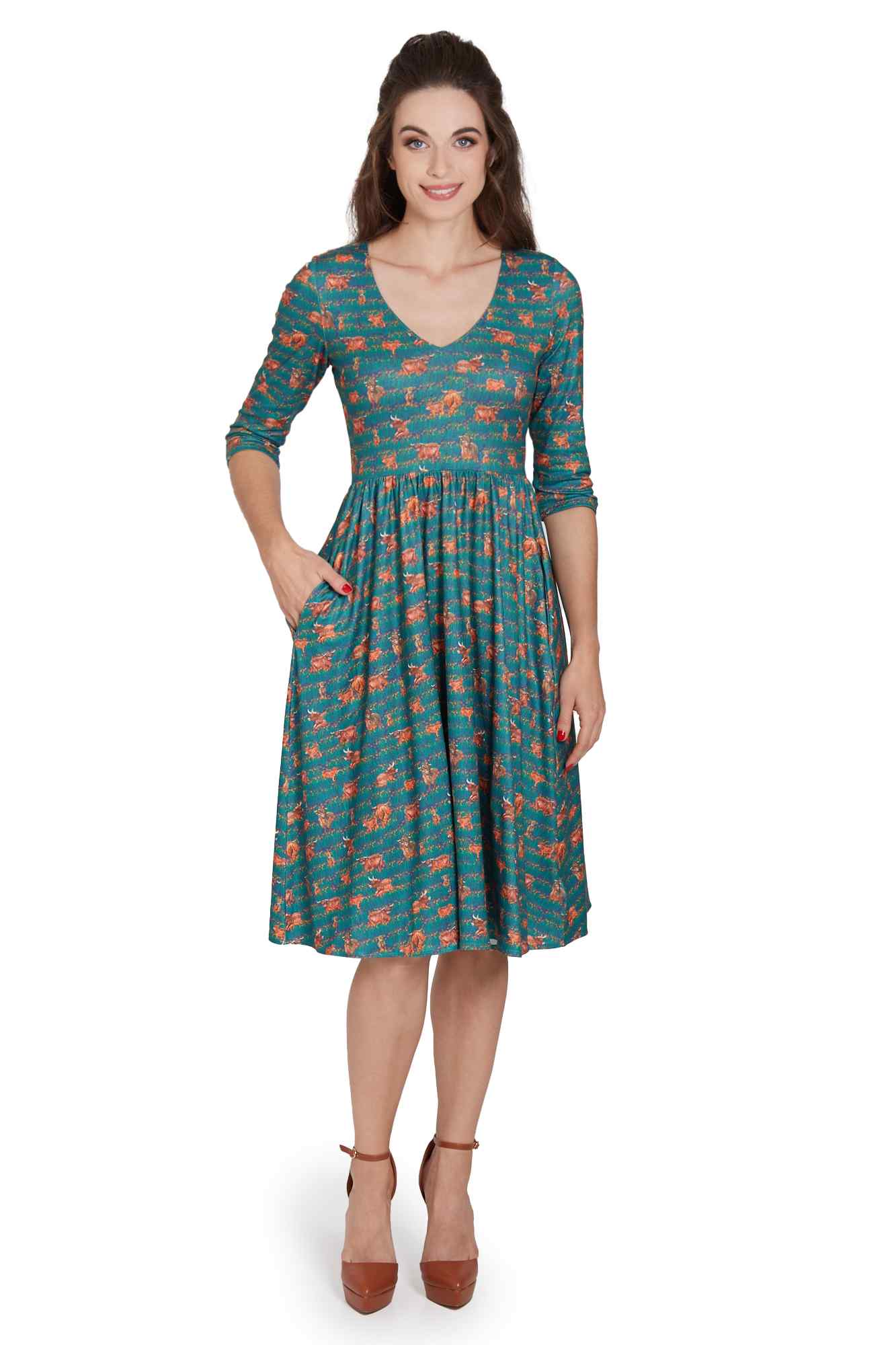 Model photo of Green Highland Cattle Dress