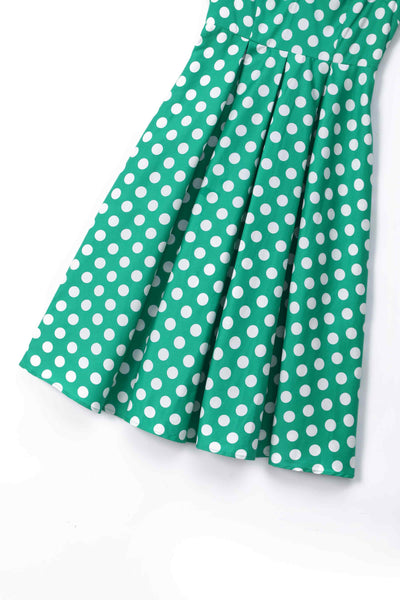 Close up view of Green Polka Dot Off Shoulder Dress