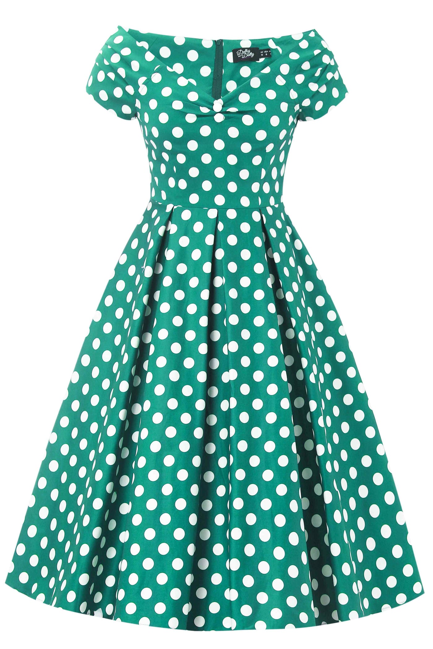 Front view of Green Polka Dot Off Shoulder Dress