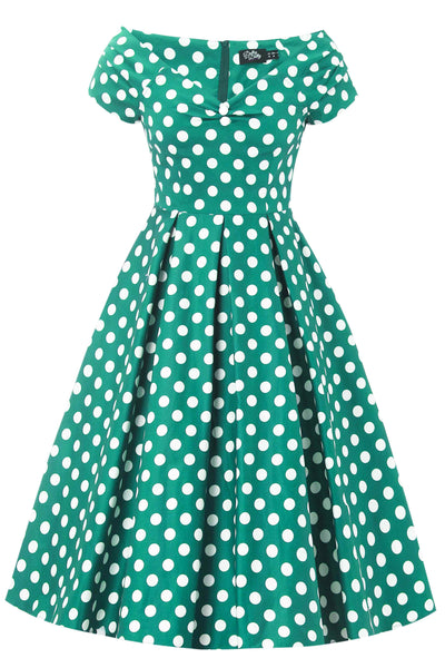 Front view of Green Polka Dot Off Shoulder Dress