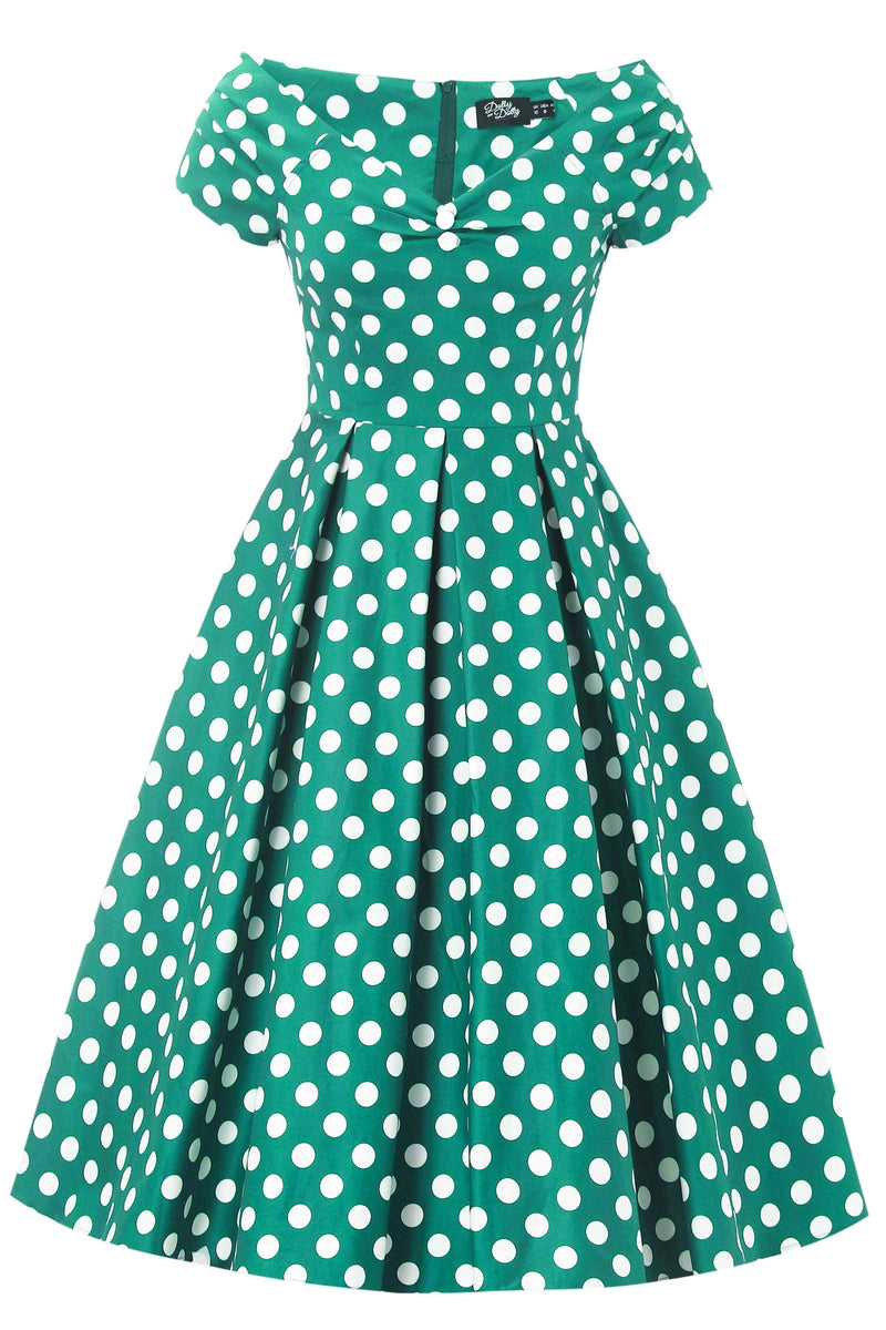Front view of Green Polka Dot Off Shoulder Dress