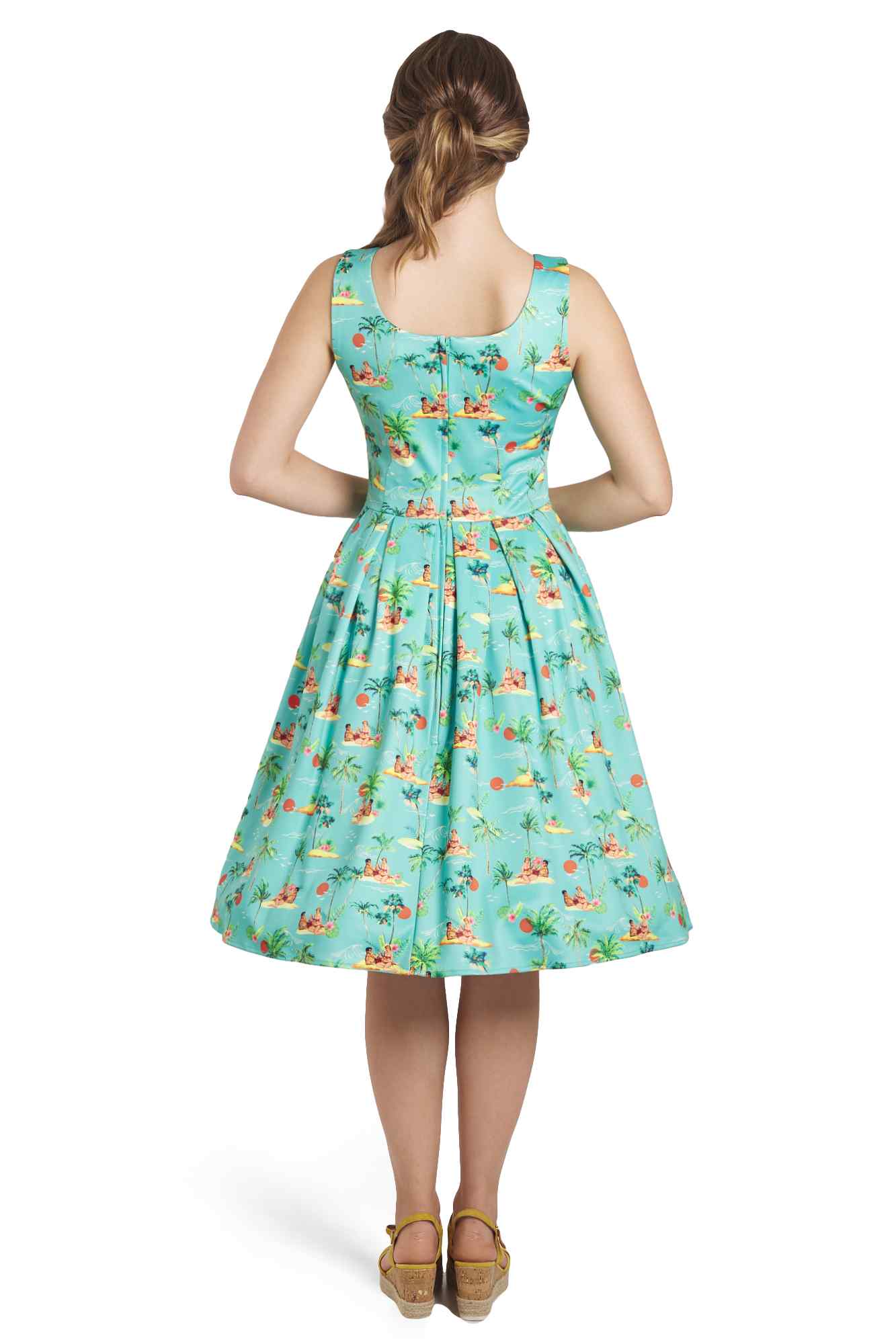 Model wearing Turquoise Sunset Pinup Couple Swing Dress