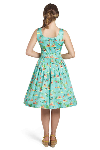 Model wearing Turquoise Sunset Pinup Couple Swing Dress