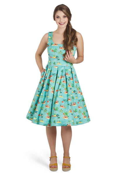 Model wearing Turquoise Sunset Pinup Couple Swing Dress