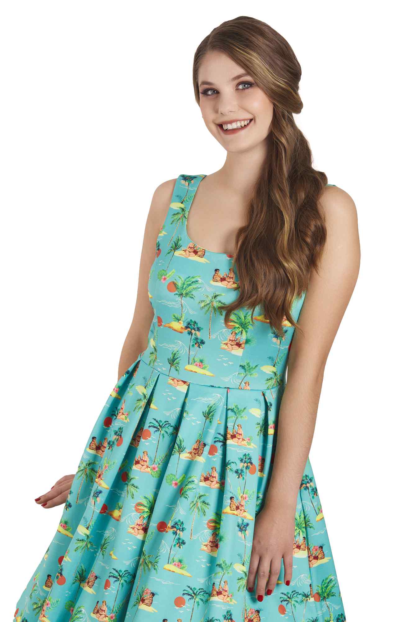Model wearing Turquoise Sunset Pinup Couple Swing Dress