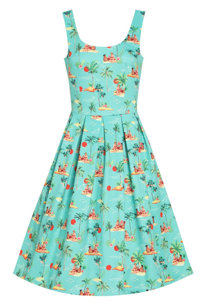 Front view of Turquoise Sunset Pinup Couple Swing Dress