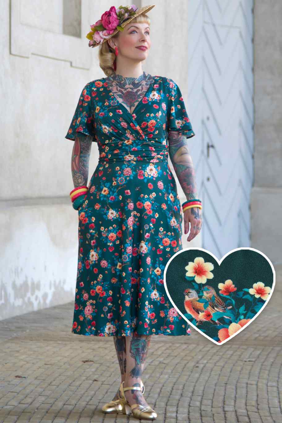 A model wearing a Green Vintage Floral Crossover Bust Dress