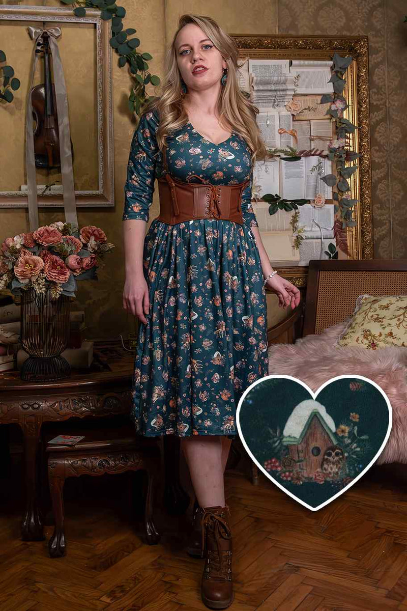 Green Woodland Deer & Owl Dress
