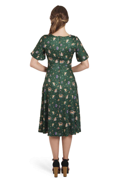 Model wearing Green Woodland Petal Sleeved Flared Tea Dress