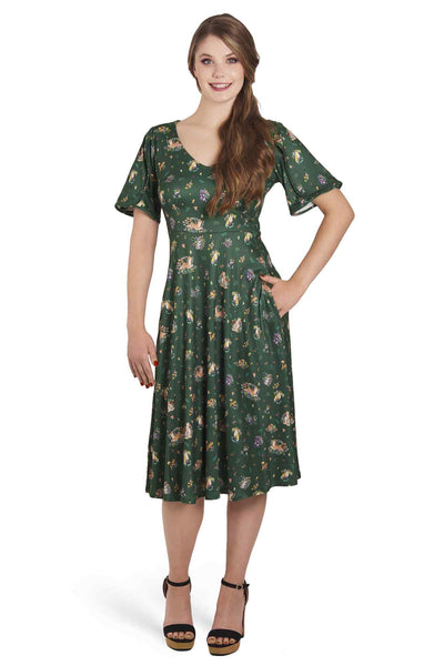 Model wearing Green Woodland Petal Sleeved Flared Tea Dress