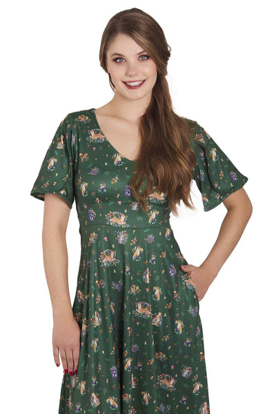 Model wearing Green Woodland Petal Sleeved Flared Tea Dress