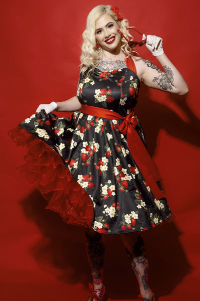Halterneck Black Strawberry Swing Dress