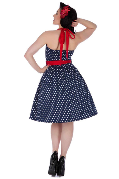 Back view of Halter neck Navy Blue Polka Dot Dress