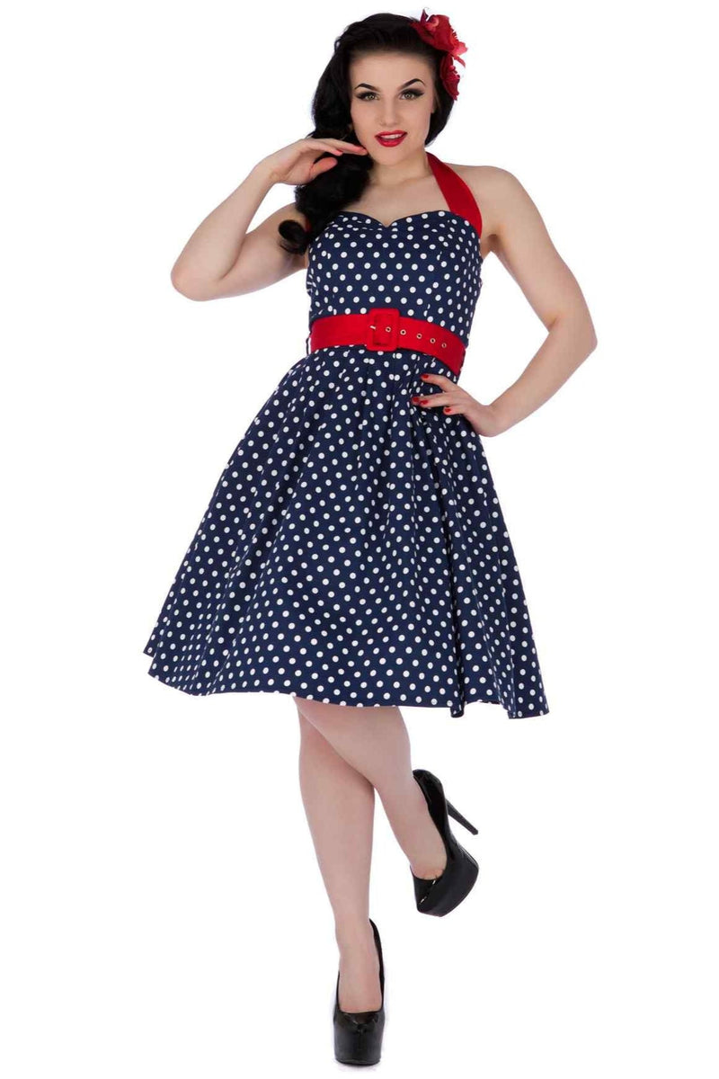Front view of Halter neck Navy Blue Polka Dot Dress
