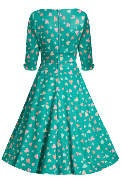 Back view of Heart Print Midi Dress in Green