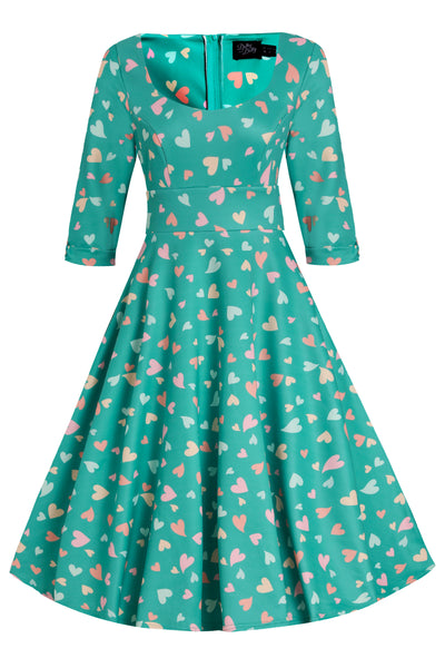 Front photo of Heart Print Midi Dress in Green