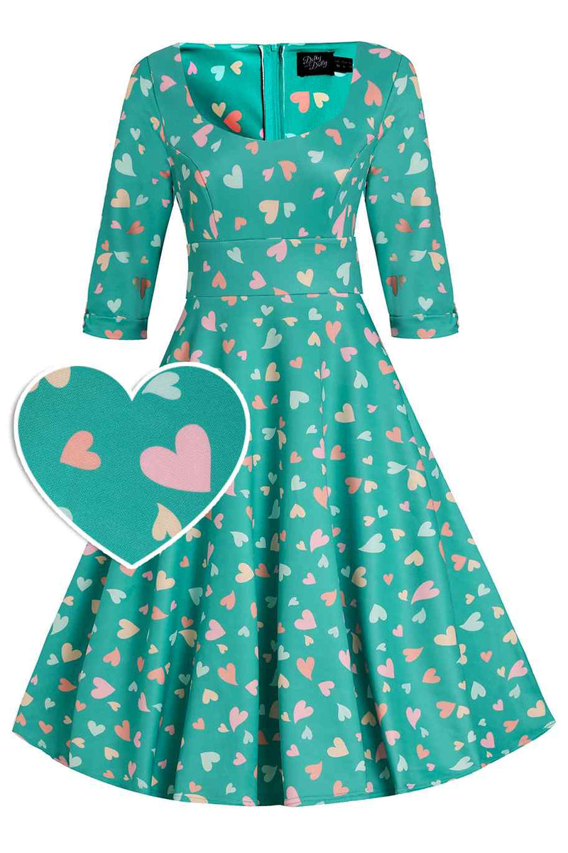 Front view of Heart Print Midi Dress in Green