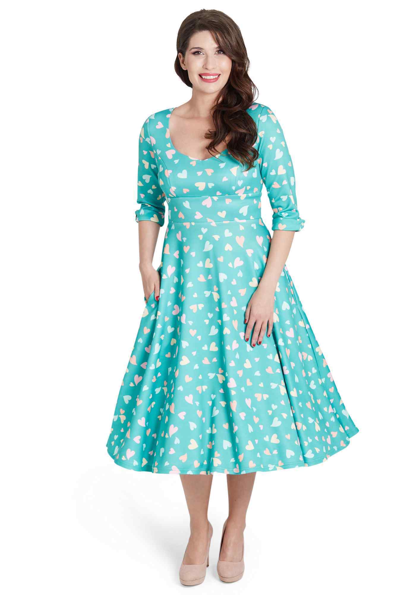 Model photo of Heart Print Midi Dress in Green