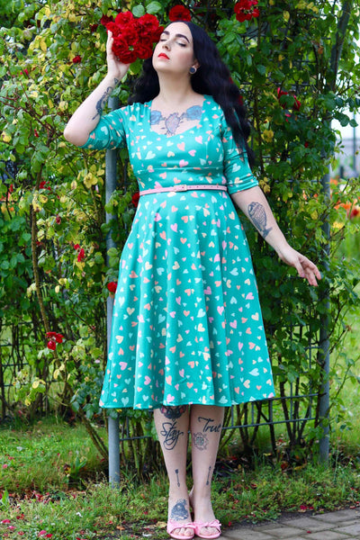Model photo of Heart Print Midi Dress in Green