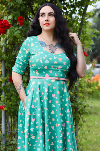 Model photo of Heart Print Midi Dress in Green